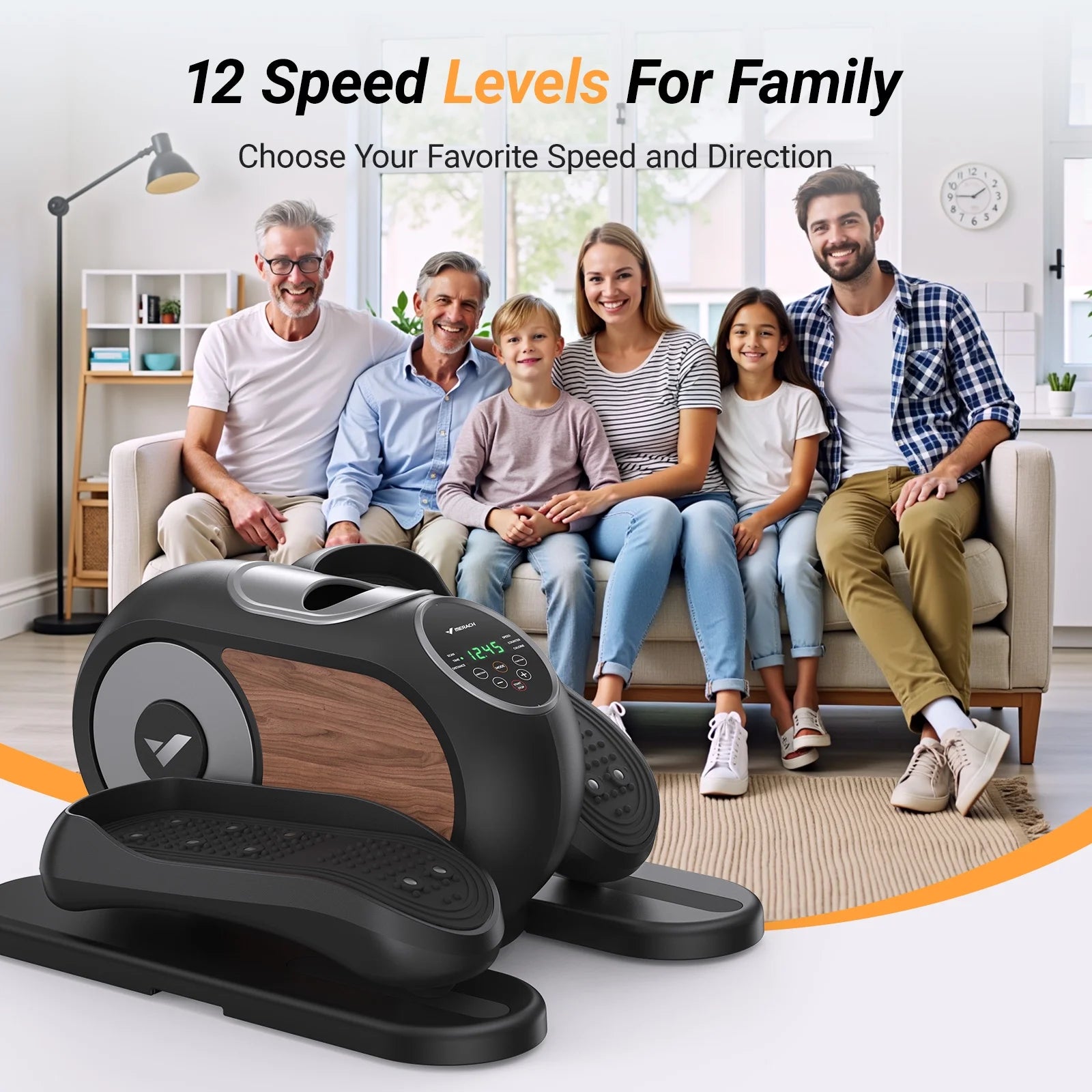 under Desk Elliptical Machine, 12 Adjustable Speeds Quiet, LCD Monitor, Portable Fitness Equipment Gift for Family with Resistance Bands