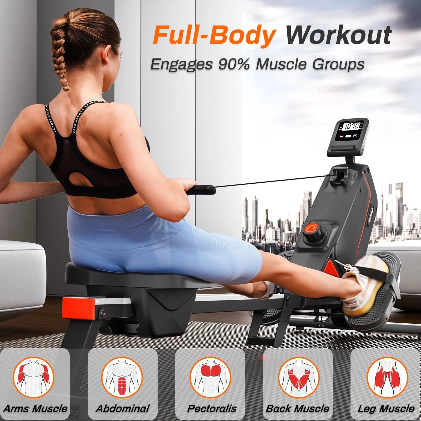 Magnetic Rowing Machine for Home 16-Level Resistance, Foldable, Bluetooth App Sync, Quiet Workout Cardio & Full-Body Training