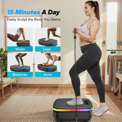 LED Light Vibration Plate Exercise Machine, Vibrating Muscle Toner, Bluetooth Speaker Whole Body Workout Fitness Platform with Resistance Bands, 330Lb Capacity